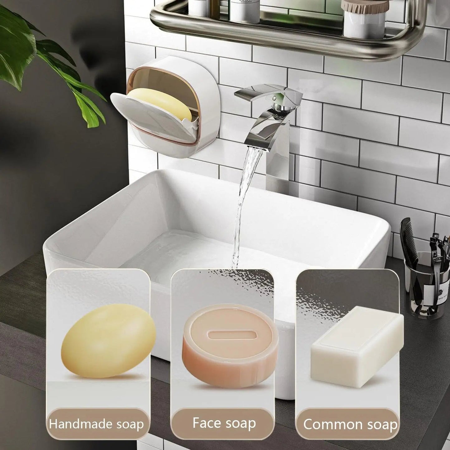 Wall Mount Soap Box No Drill Bathroom Drainage Container with Tray for Kitchen Sink Easy Clean Soap Holder Storage Organizer