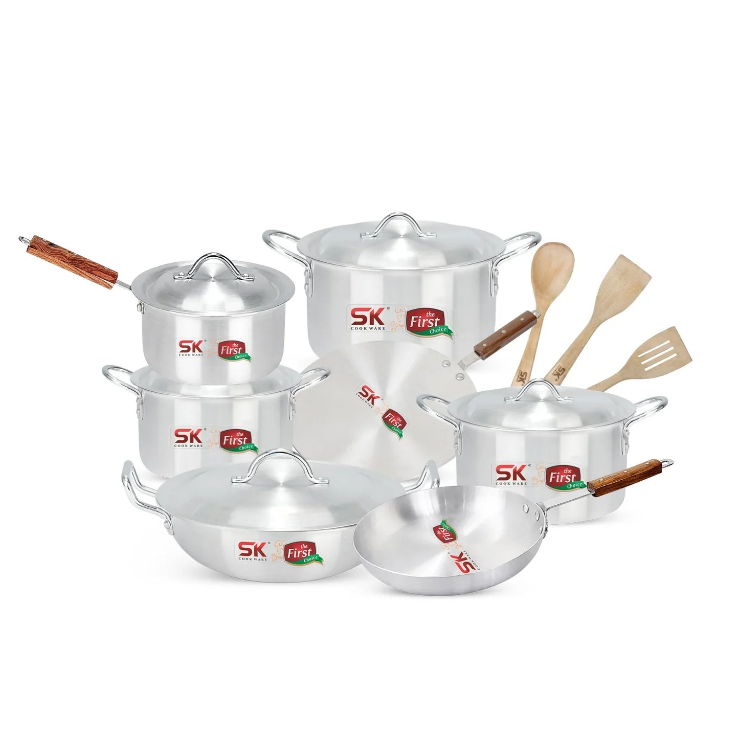 SK Cookware 15-Piece Aluminum Cookware Set - Bridal Gift Set with Wooden Spatulas