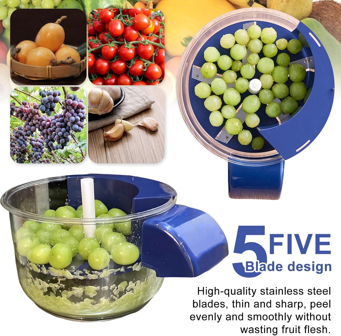 Electric Garlic and Fruit Peeler – 50W Automatic Small Fruit Skin Remover for Grapes, Cherry Tomatoes, Plums, Peaches with Stainless Steel Blade