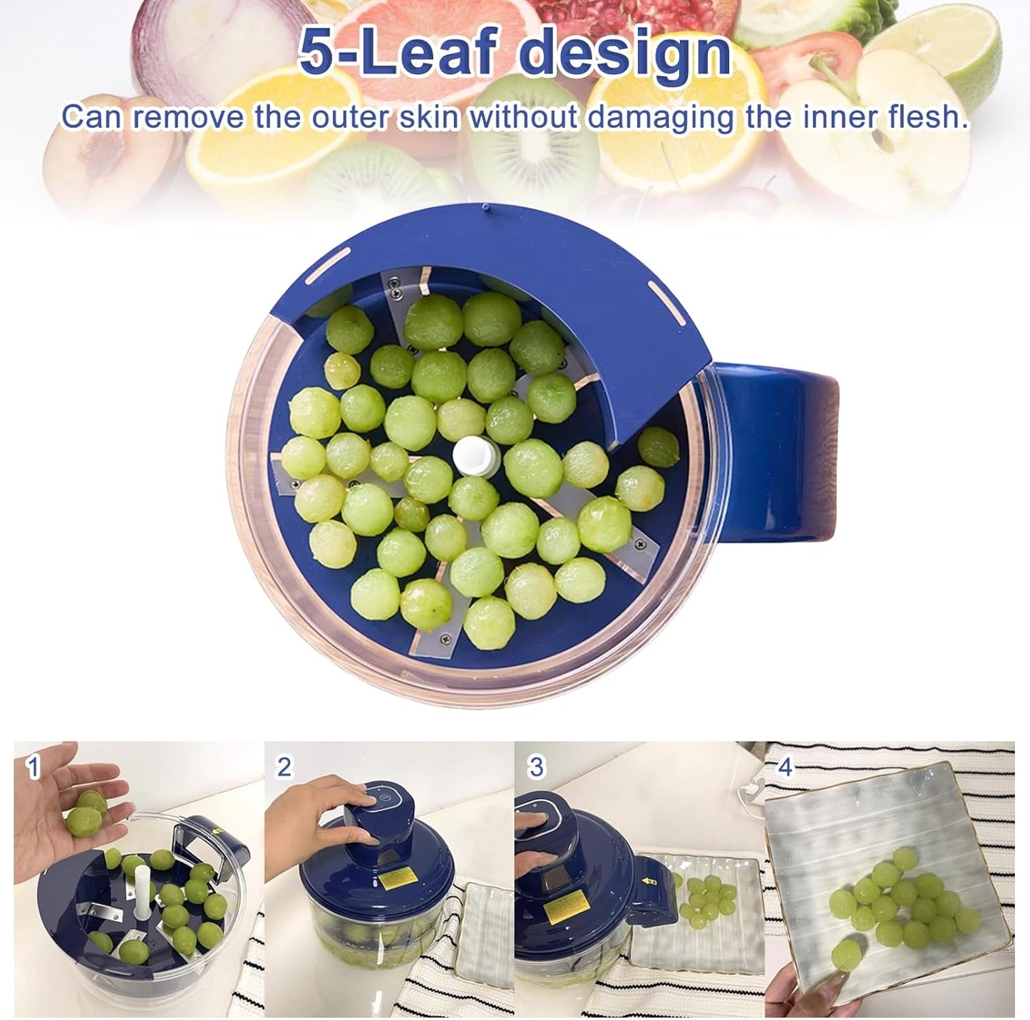 Electric Garlic and Fruit Peeler – 50W Automatic Small Fruit Skin Remover for Grapes, Cherry Tomatoes, Plums, Peaches with Stainless Steel Blade
