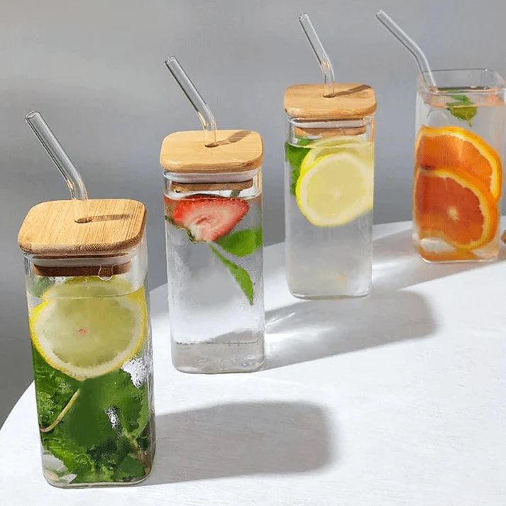 Juicer Glass with Glass Straw and Bamboo Lid