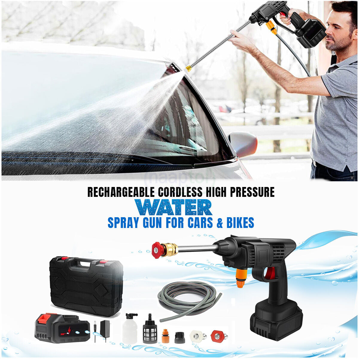 Solar Wash Wireless Rechargeable High Pressure Car Washer Gun - Electric Foam Spray Water Gun for Car & Bike Cleaning